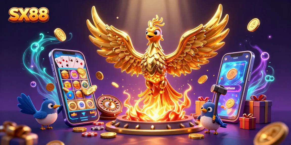 SX88 phoenix emerging from a forge surrounded by vibrant casino elements, showcasing exciting gameplay opportunities.