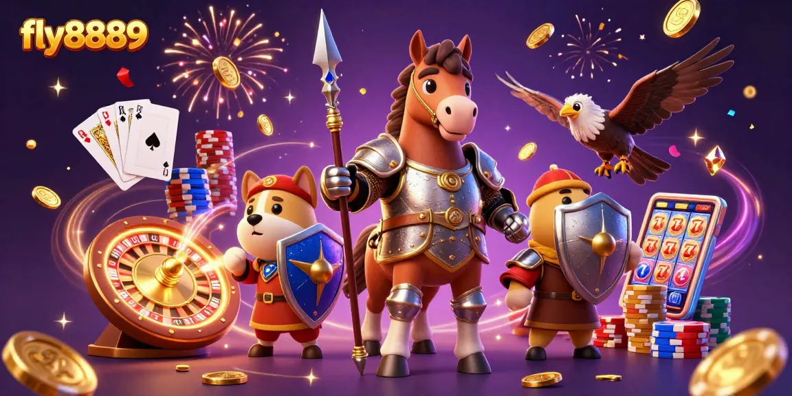 Experience exciting gameplay at fly8889 with medieval knight, cascading coins, and a vibrant casino backdrop.