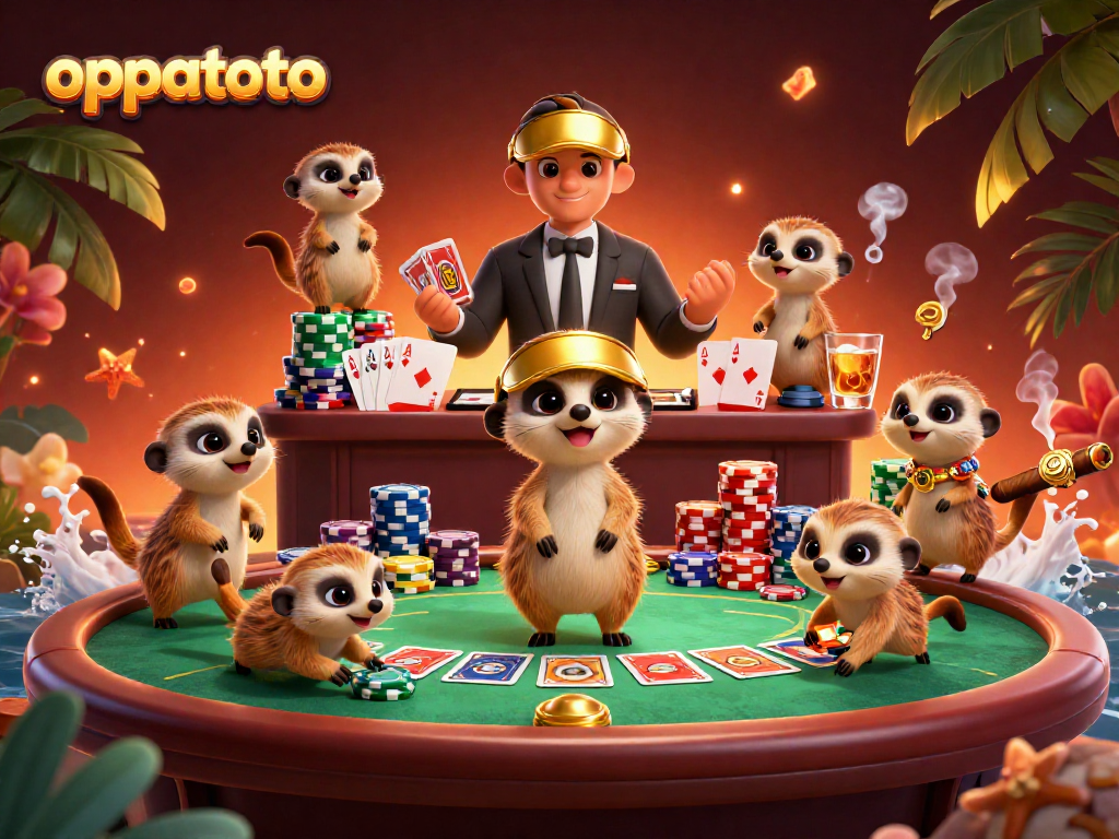 Enjoy gaming at oppatoto's vibrant casino with meerkats in a lively scene of poker and fun.