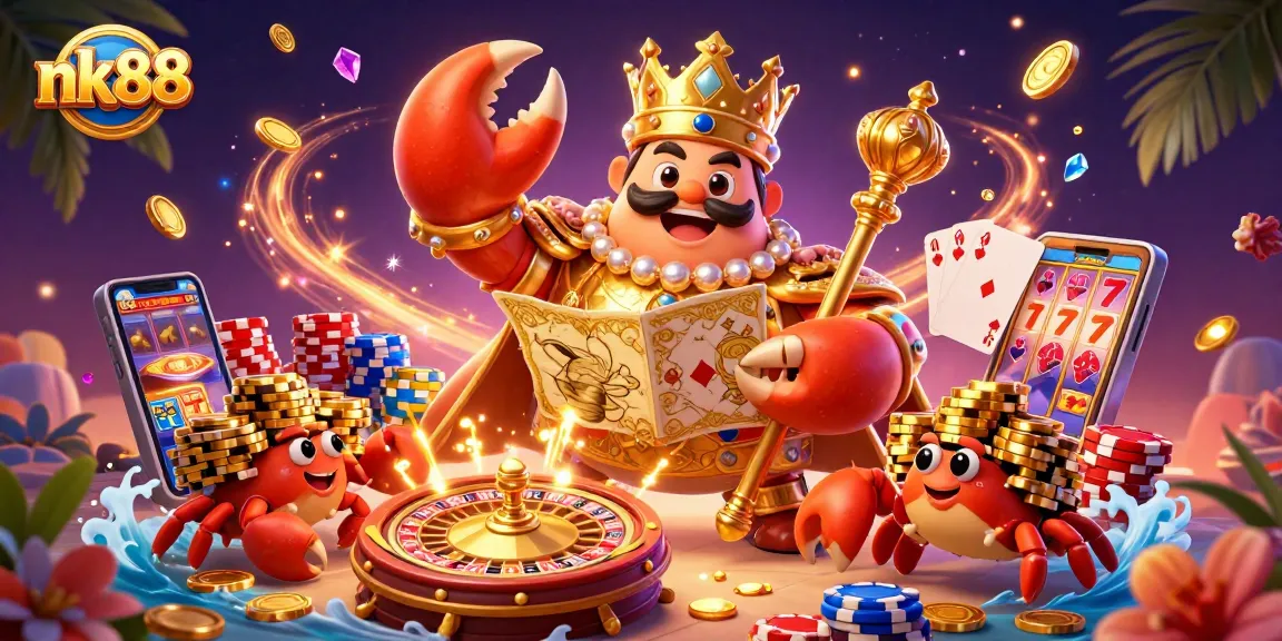 Experience thrilling wins at nk88 with a golden crab emperor amidst cascading coins and vibrant casino elements.