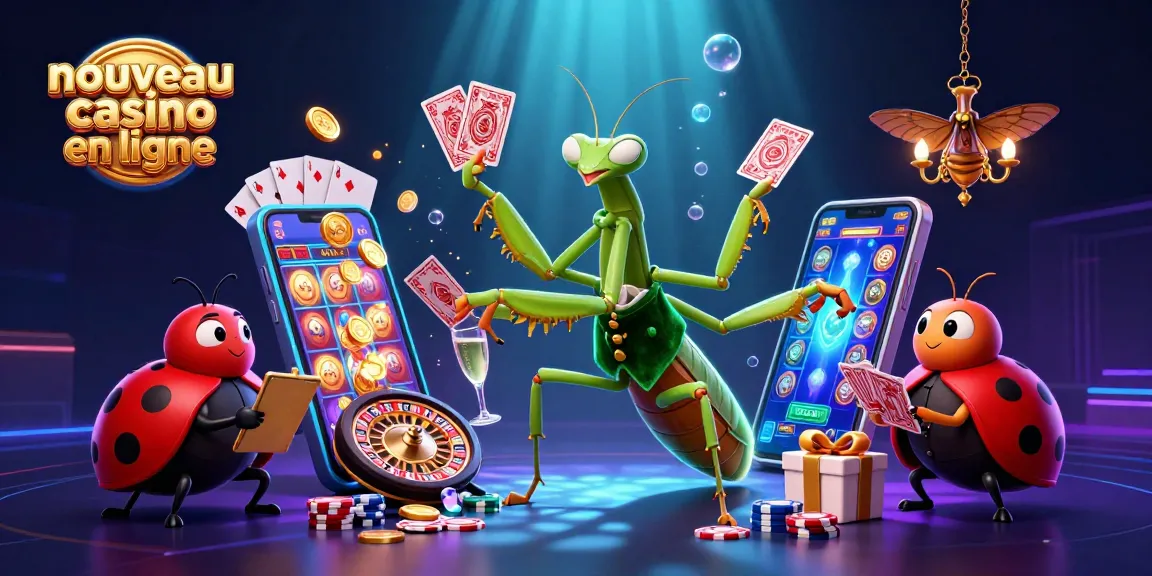 Illustration dynamique représentant un nouveau casino en ligne, mettant en scène un mante religieuse et une coccinelle avec des éléments de jeu colorés.