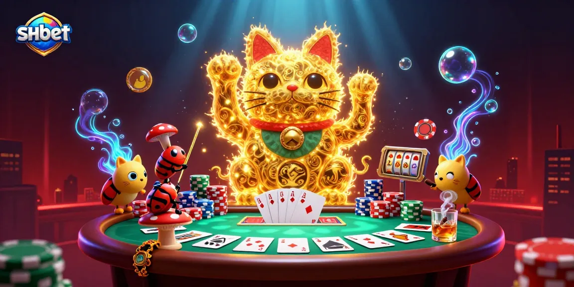 Experience vibrant action at shbet with a dynamic illustration of a giant lucky cat and casino symbols.