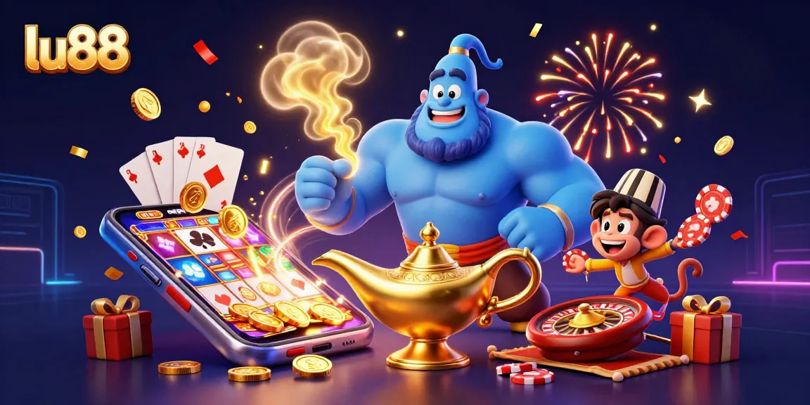 lu88 captivating illustration showcasing a genie, monkey, and poker elements in a colorful casino setting