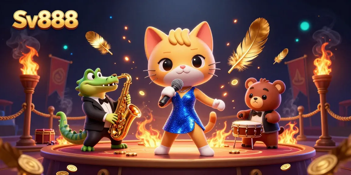 Win big at Sv888 with a vibrant casino stage scene featuring a jazz-singer cat and musical friends.