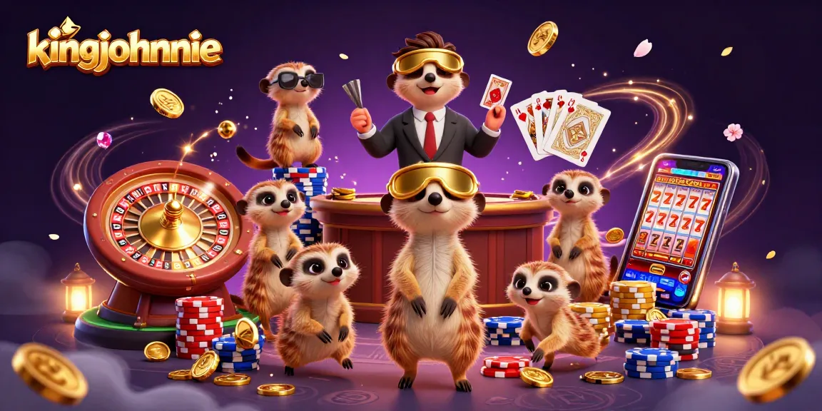 Experience thrilling action at kingjohnnie's casino with animated meerkats enjoying games and chips.