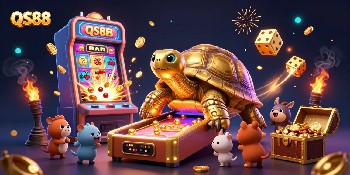 Experience exhilarating gameplay at QS88 with a golden tortoise pinball machine amidst a vibrant casino scene.
