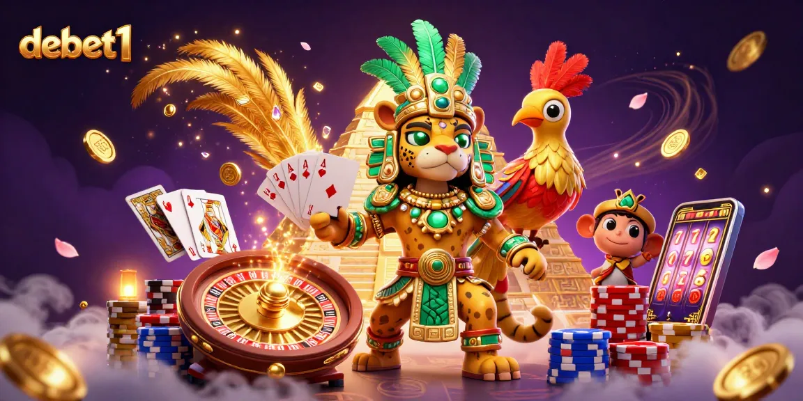 Experience the excitement of debet1 with a vibrant 3D cartoon scene showcasing casino elements and Mayan characters.