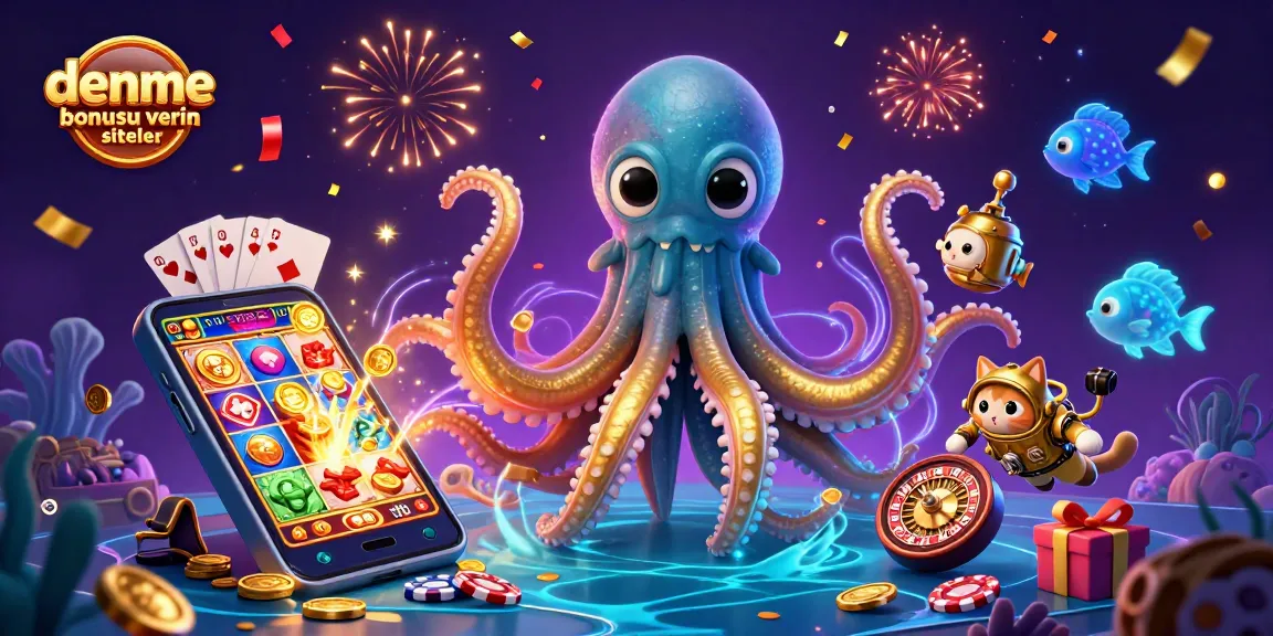 Engage with deneme bonusu veren siteler through a vibrant 3D casino-themed illustration featuring a kraken and diving cat.