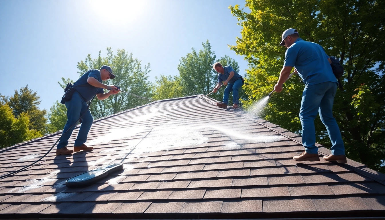 Roof Cleaning service showcasing professionals gently washing a residential roof with eco-friendly techniques.