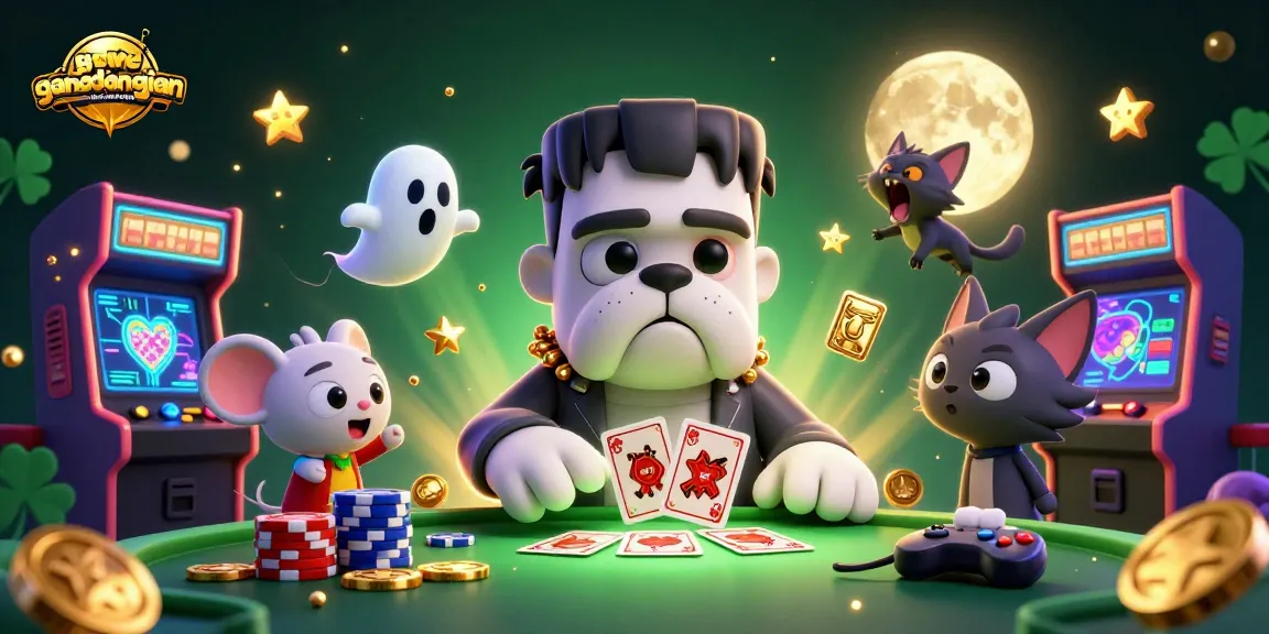 Engage in thrilling gameplay with gamebaidangian, featuring a Frankenstein bulldog monster and playful characters.