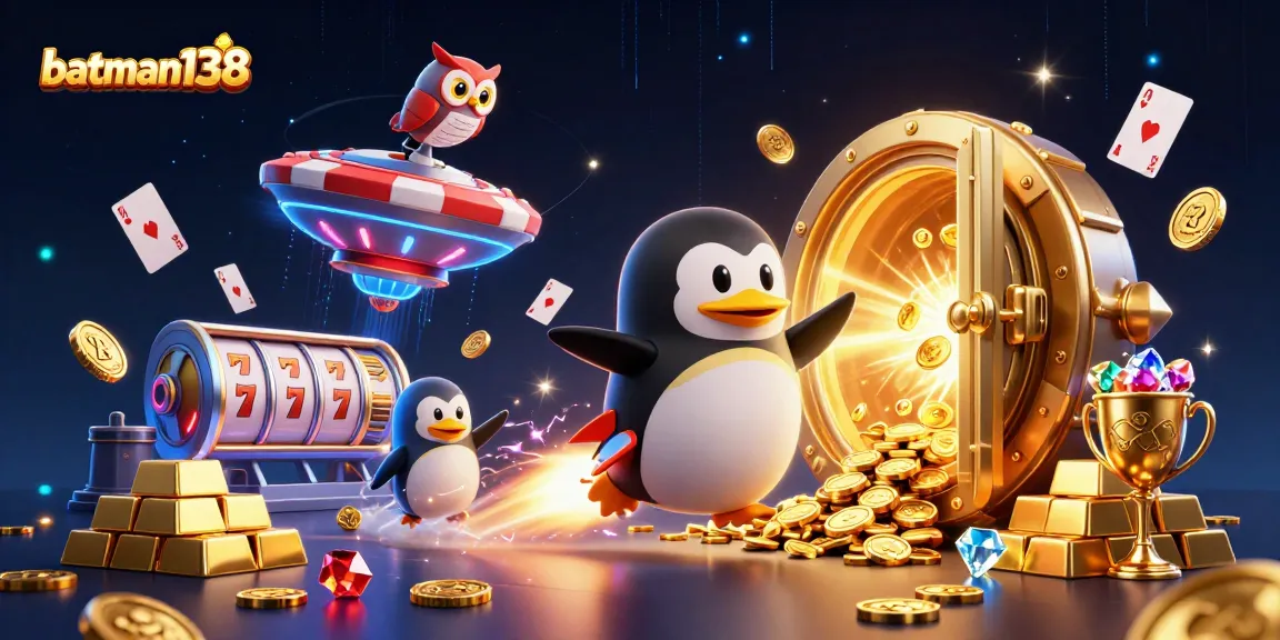 Experience winning moments at batman138 with a dynamic casino scene featuring a golden penguin and slot icons.