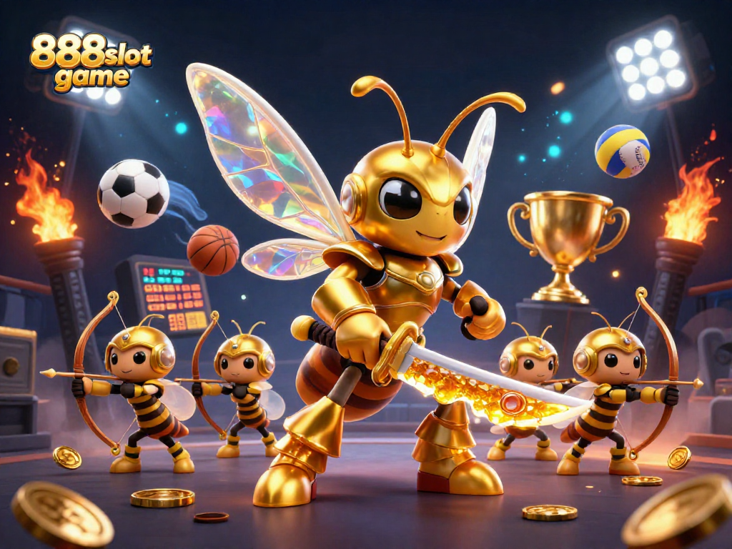 Engage with the 888slot game illustrated in a vibrant scene of a golden hornet and bee archers.