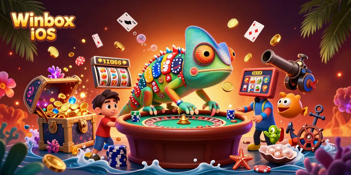 Winbox iOS showcases a dynamic 3D chameleon casino owner surrounded by vibrant gaming elements.