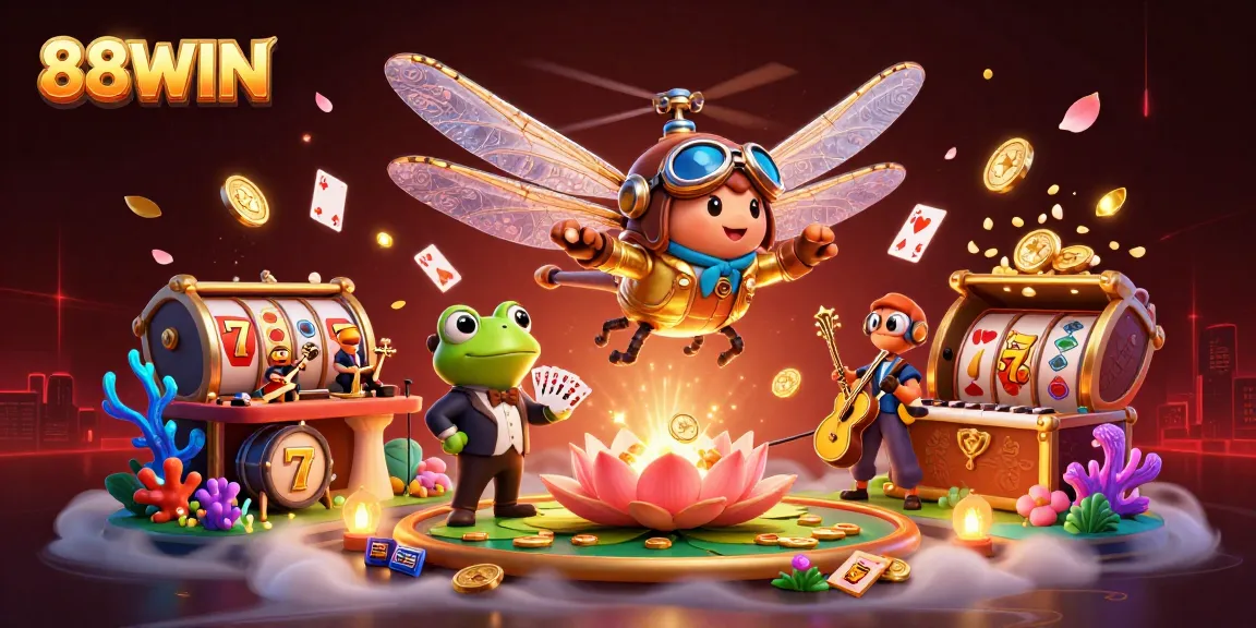Experience thrilling gameplay at 88WIN with a lively dragonfly pilot, interactive frog dealer, and vibrant casino elements.