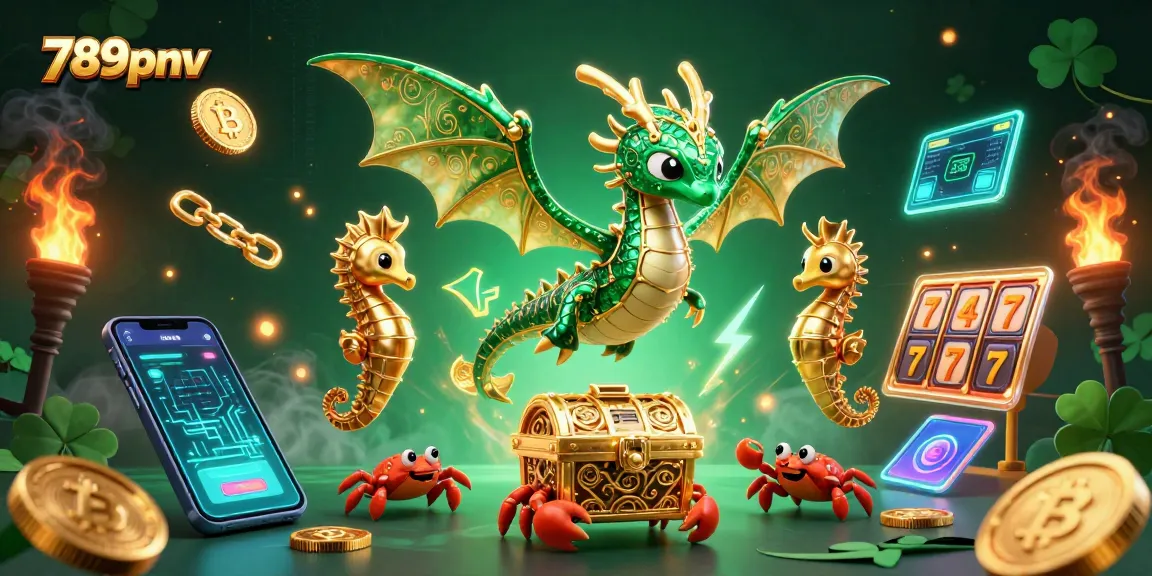 Experience the vivid world of 789pnv, where emerald and gold sea dragons float amidst dynamic slot elements and glowing crypto coins.