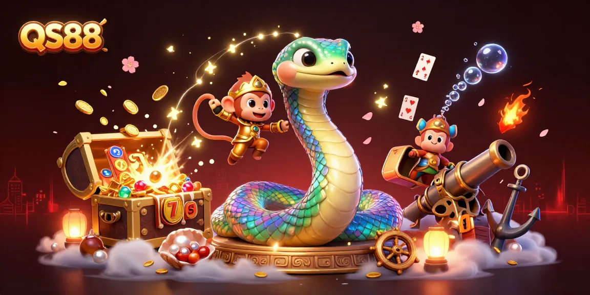 Experience the thrilling world of QS88 with a vibrant 3D illustration of gaming excitement and colorful treasures.