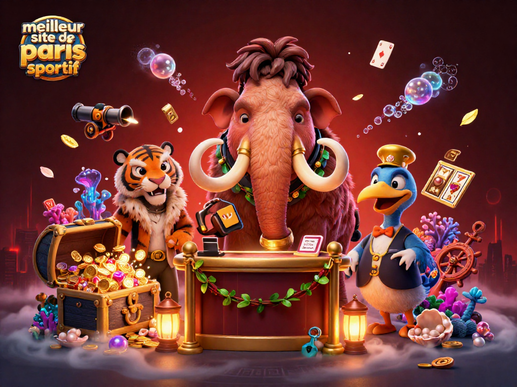Meilleur site de paris sportif : scène animée avec un mammouth et un tigre, ambiance de casino excitante