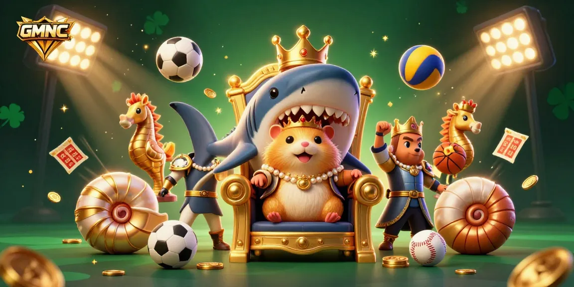 Experience the thrill of GMNC with a dynamic scene featuring a golden hamster king, seahorse guards, and floating sports elements.