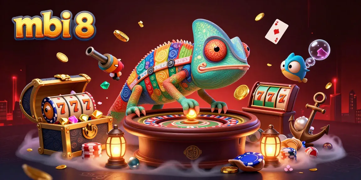 Experience thrilling gaming with mbi 8, where the colorful chameleon owner captures golden coins and surrounded by vibrant casino elements.