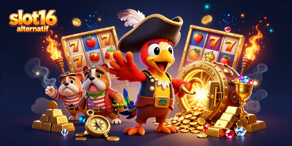 Experience the thrill as the slot16 alternatif scene captures a playful pirate captain, bulldog, and cat amid sparkling casino treasures.
