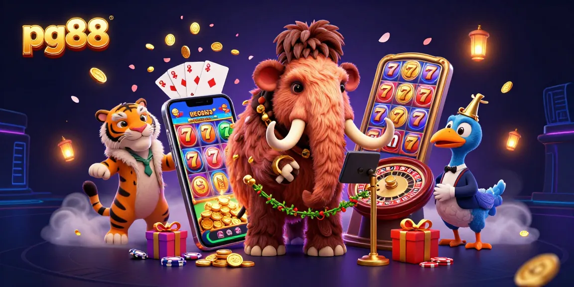 Experience the excitement at pg88 with a vibrant 3D casino scene featuring dynamic characters and game elements.
