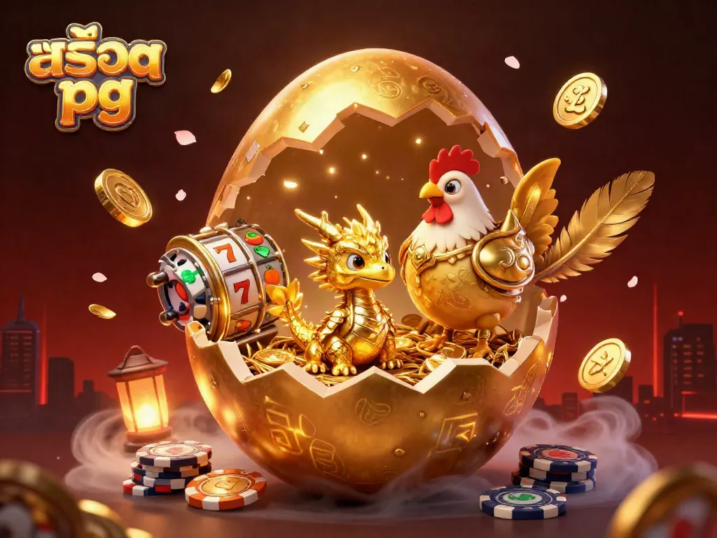 Play thrilling สล็อต pg games with golden dragon and casino elements, vibrant colors and 3D details.