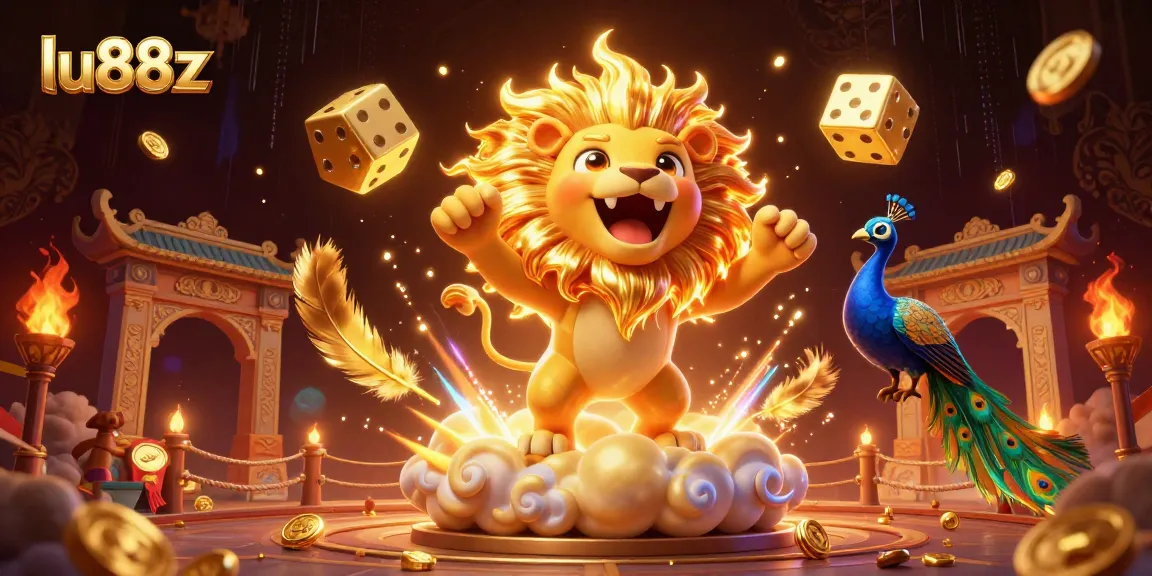 Experience the thrill of lu88z with the sun lion and golden dice in an electrifying casino scene.