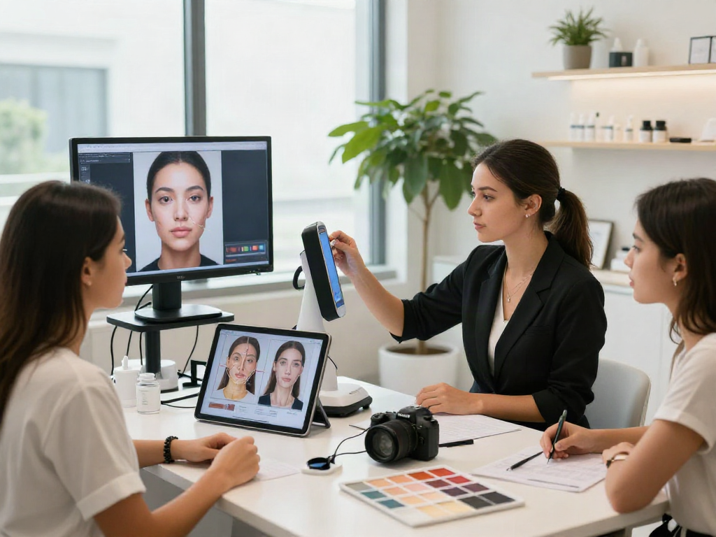 ClinicEvo better than QOVES demonstrated in a lively facial analysis session with technology and beauty tools.