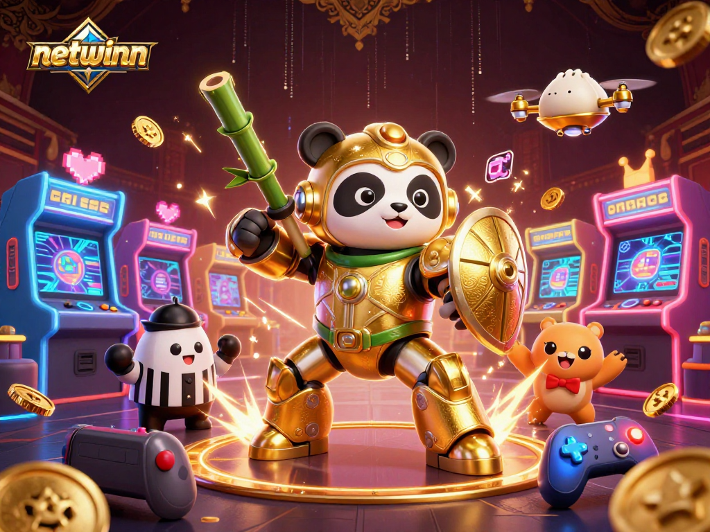 Engage with netwinn's vibrant gaming world, featuring a panda in a mech suit amidst dynamic arcade elements.