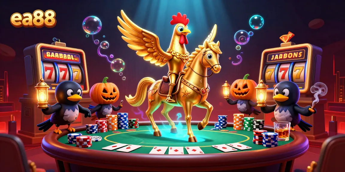 ea88 players enjoying slots jackpot with golden rooster in 3D casino scene.