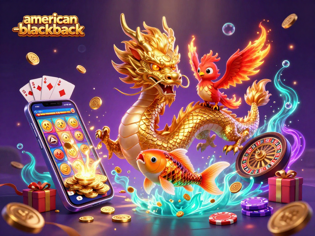 Engage with exciting american-blackjack gameplay while witnessing a golden dragon and phoenix in a detailed casino illustration.