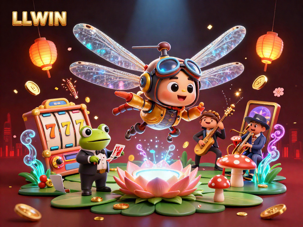 Engage with thrilling slot games at LLWIN's vibrant lily pad casino featuring dynamic 3D characters.