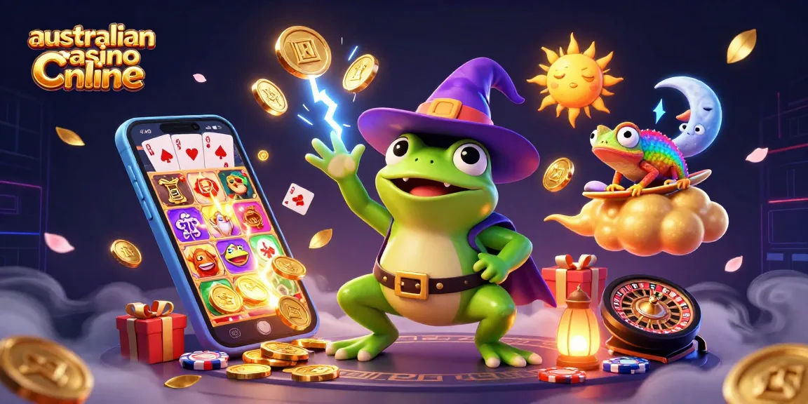 Spin exciting games at australian casino online with vibrant characters and flying coins.