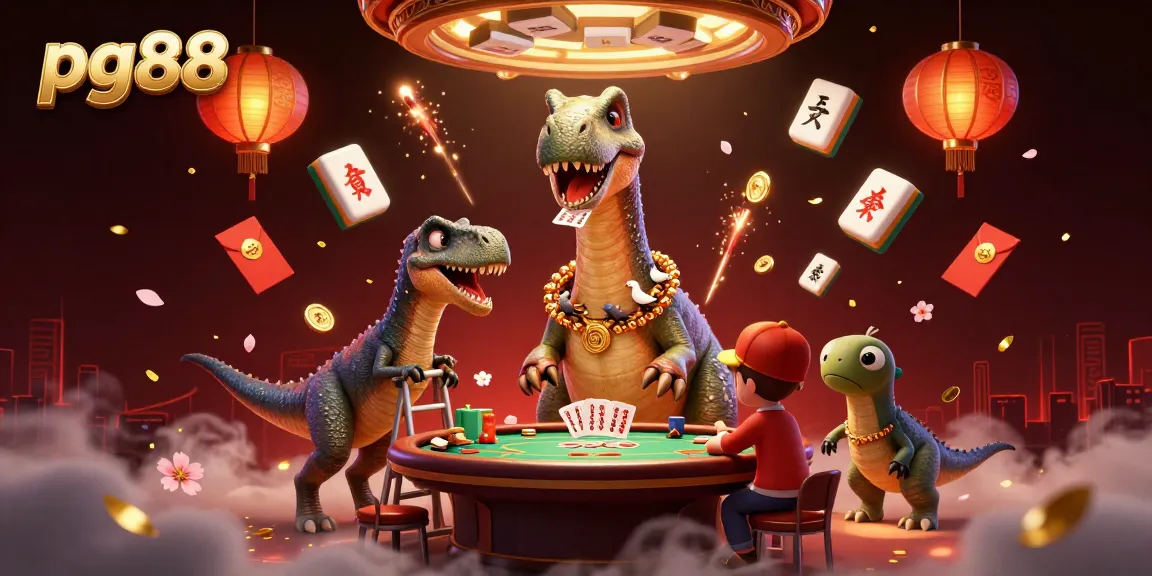 Experience the excitement of pg88 with a tall brontosaurus and raptor dealer in a lively casino scene.