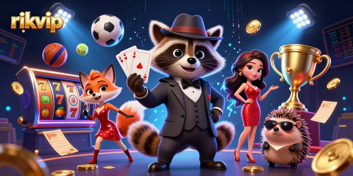 rikvip's engaging online casino scene with raccoon, fox, and hedgehog showcasing thrilling slot games.
