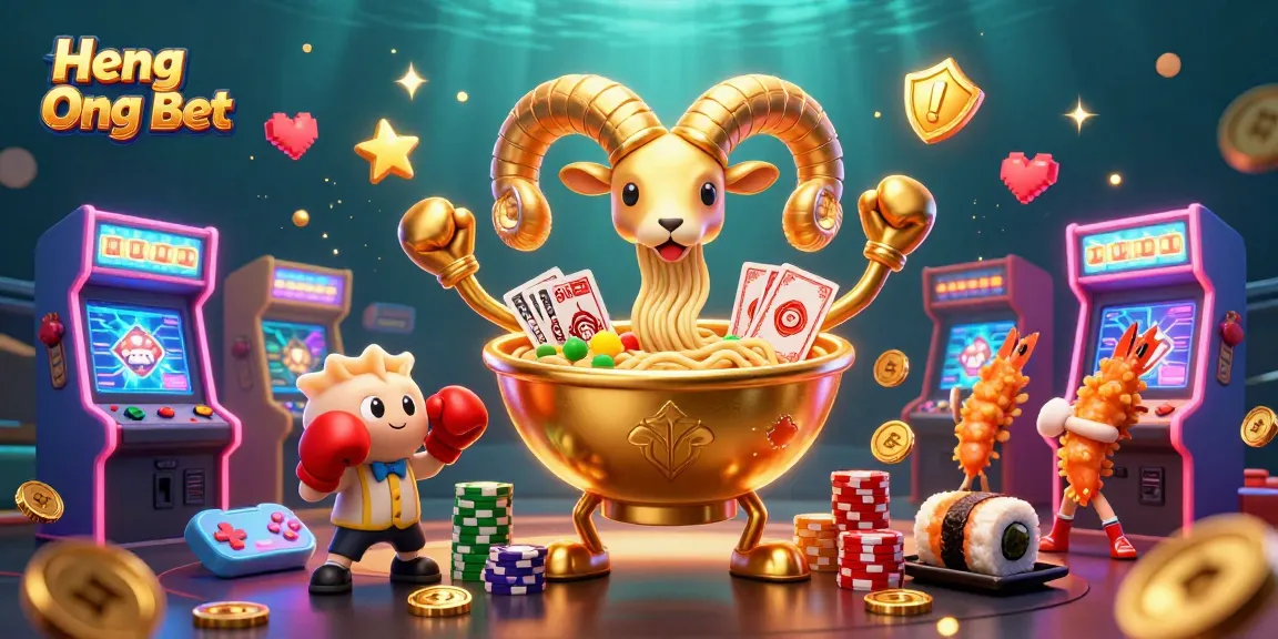 Engage with Heng Ong Bet in a vibrant 3D casino illustration featuring fun characters and high-score gaming elements.