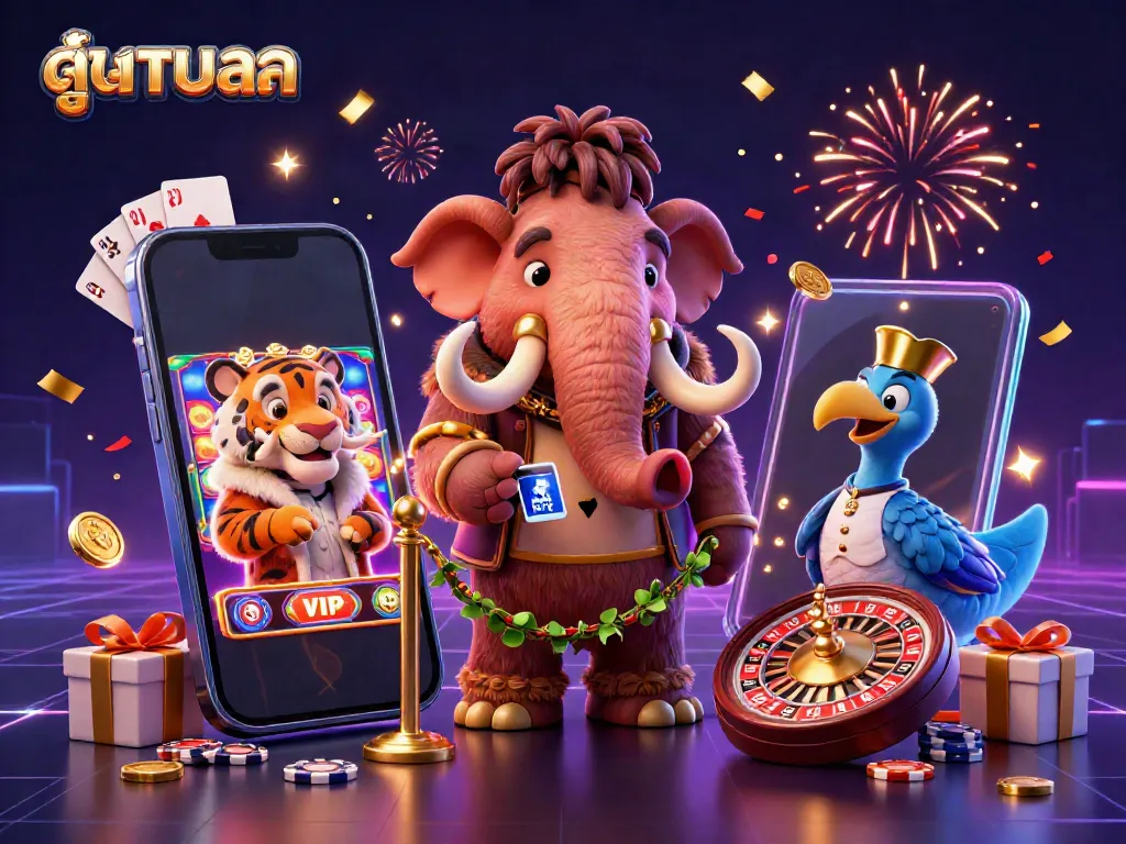 Experience the excitement of ดูบอลสด with a vibrant casino scene featuring a woolly mammoth bouncer and a saber-tooth tiger.
