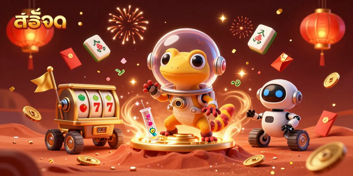 Engage with สล็อต as a Martian gecko uncovers a hidden casino amidst a vibrant alien celebration.