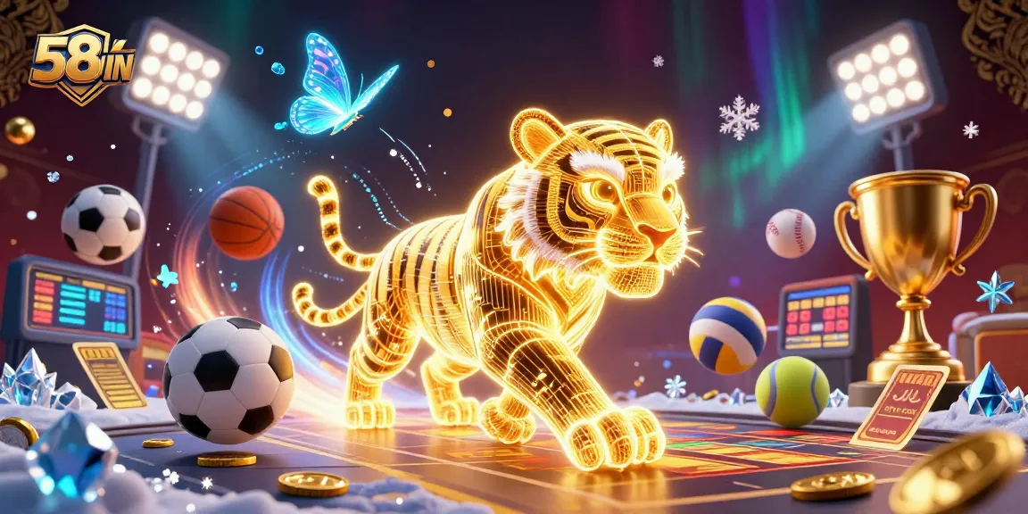 Experience 58WIN's dynamic casino atmosphere with golden tiger and sports excitement.
