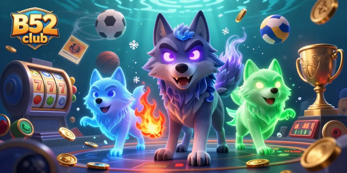 B52 club’s vibrant 3D casino scene showcases a spectral wolf leader amid thrilling gaming elements like jackpot reels and gold coins.