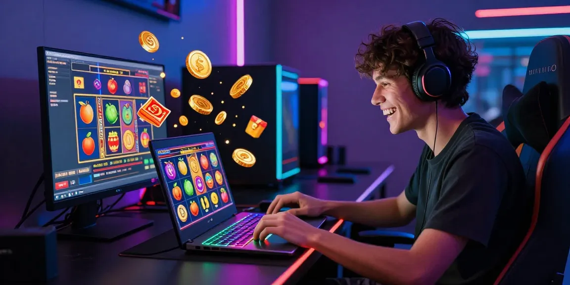 Player enjoying slot online on laptop with jackpot symbols.