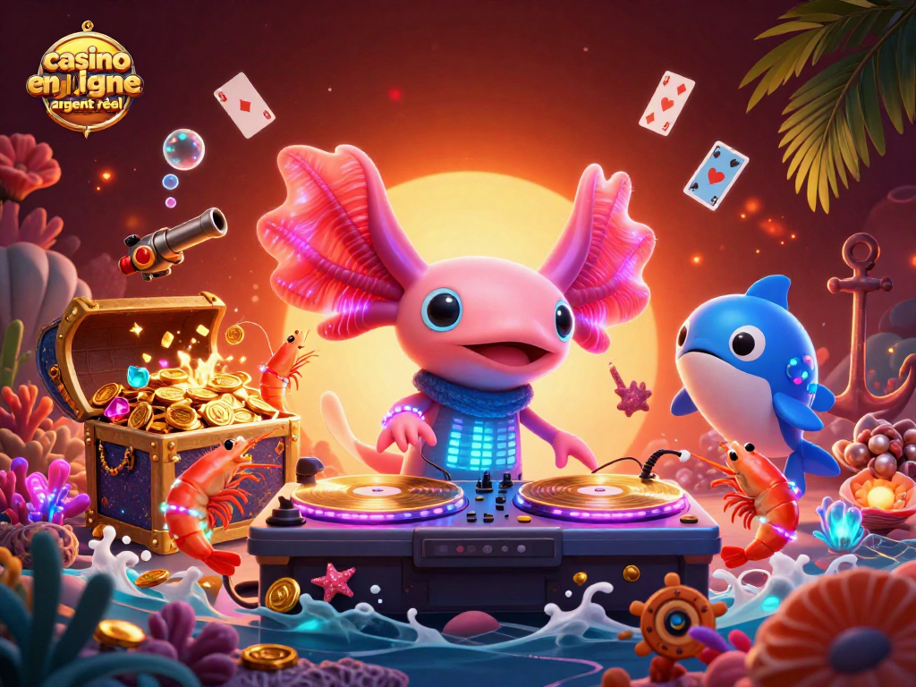 Illustration dynamique des jeux de casino en ligne argent réel avec un DJ axolotl et des éléments marins colorés.