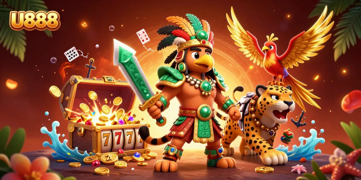 Experience thrilling wins at U888 with cinematic visuals showcasing a brave Aztec warrior and golden treasures.