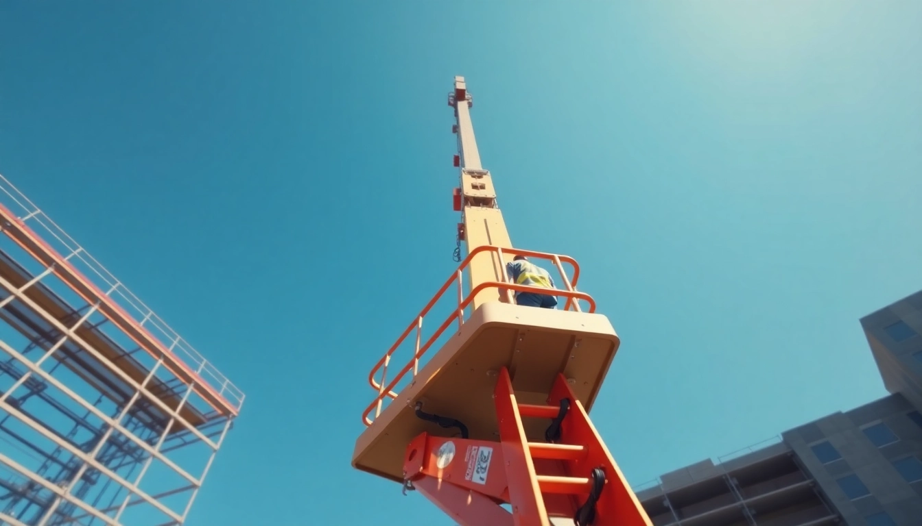 Cherry picker elevating workers at a construction site against a clear sky.
