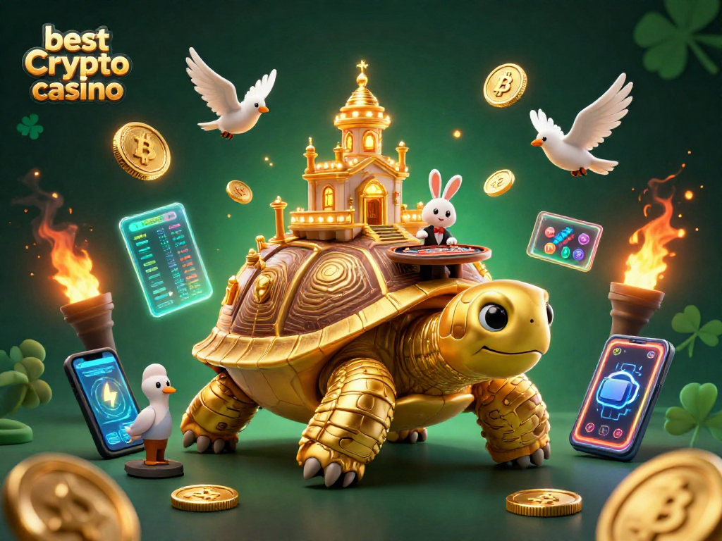 Jouez au meilleur casino crypto en voyant une énorme tortue dorée avec un casino miniature sur son dos, entourée de pièces Bitcoin et Ethereum.
