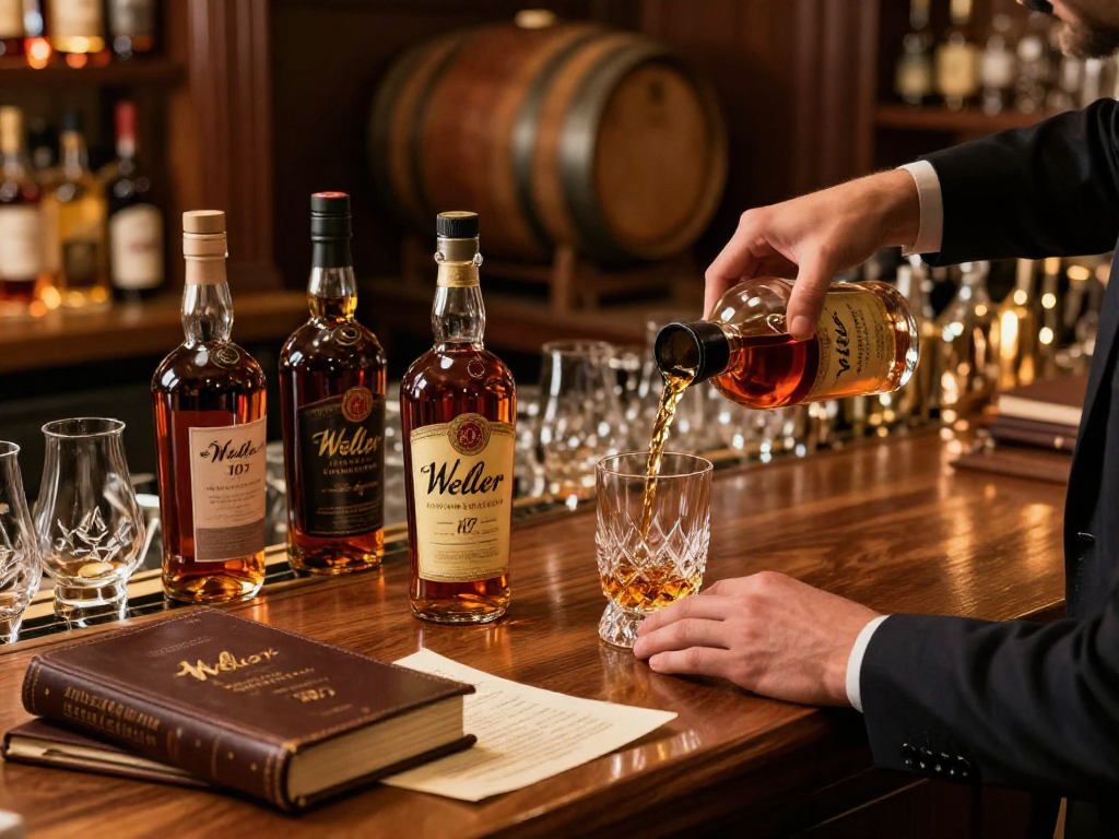 Pouring Weller Antique 107 bourbon into a glass in an elegant bar setting, highlighting its premium quality.