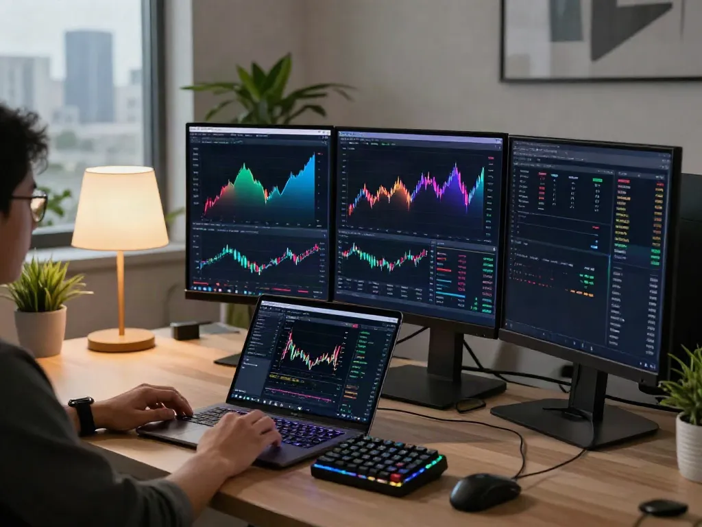 Real-time financial data API for 量化交易数据接口 in a professional crypto workspace with advanced trading tools and monitors.