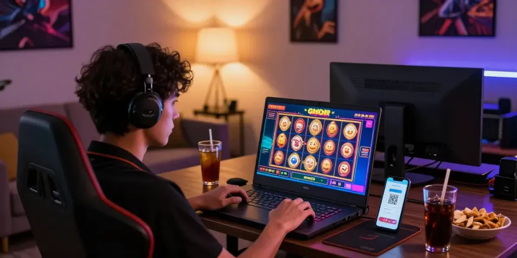 Engaged player enjoying slot gacor hari ini on a laptop with QRIS payment apps in a cozy gaming corner.
