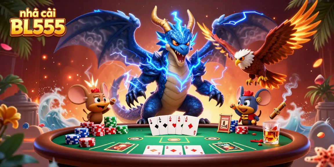 Experience the thrill of nhà cái BL555 with a vibrant casino scene featuring dragons and poker elements.