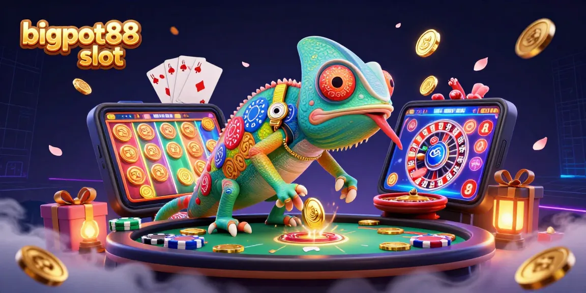 Meningkatkan pengalaman bermain bigpot88 slot dengan ilustrasi kasino yang menampilkan opossum ceria dan elemen permainan.